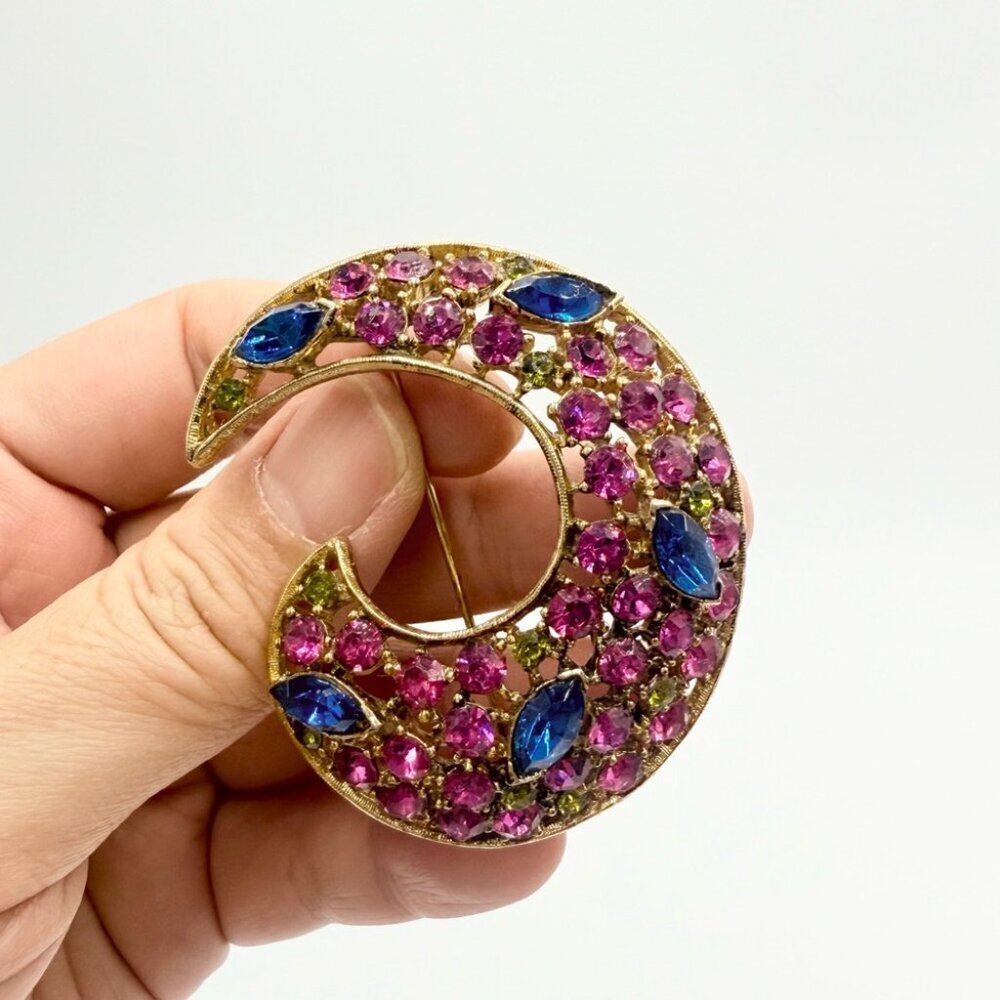 Vintage Multi Color Rainbow Rhinestone Crescent Brooch
